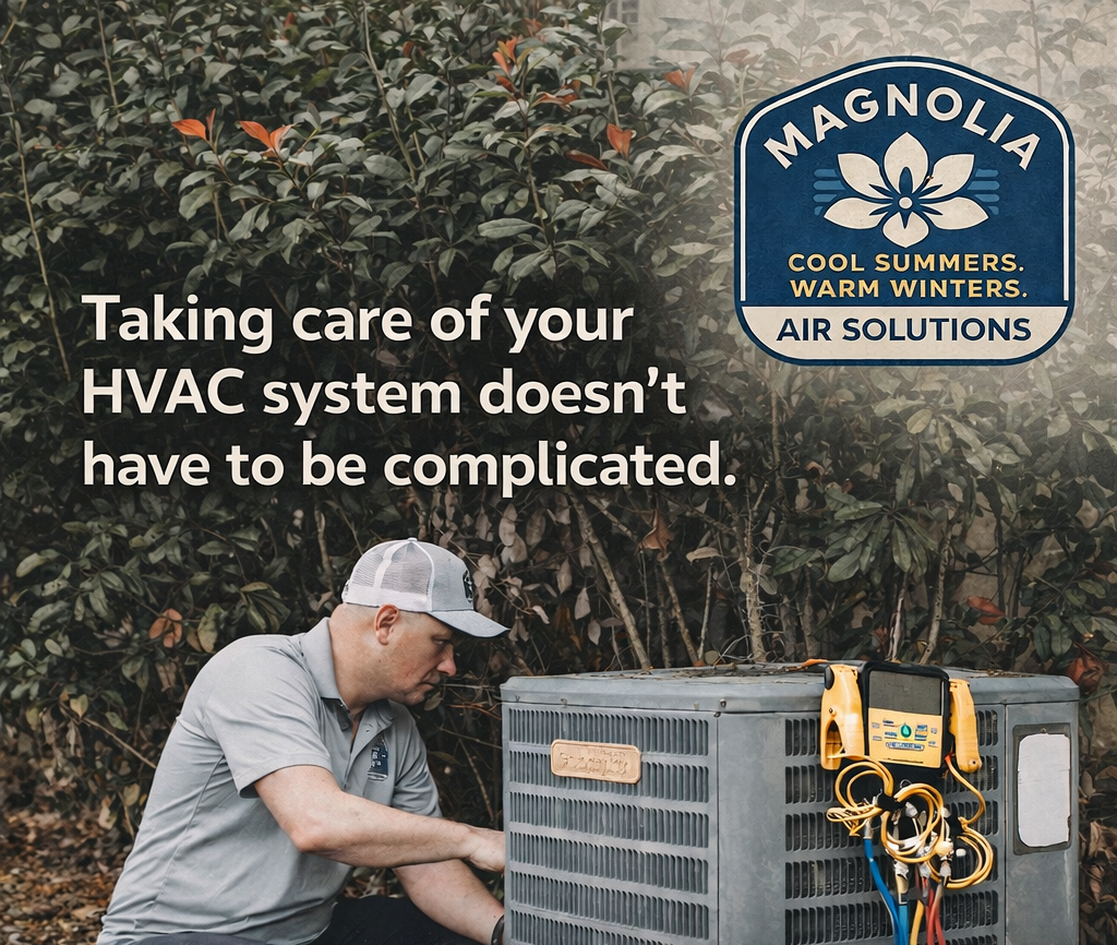 Magnolia Air Solutions technician performing AC repair at a Mobile, AL home