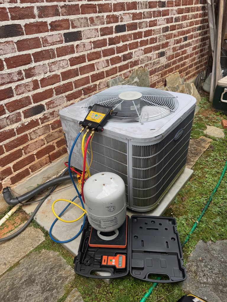 R-410A refrigerant service equipment connected to an outdoor air conditioner