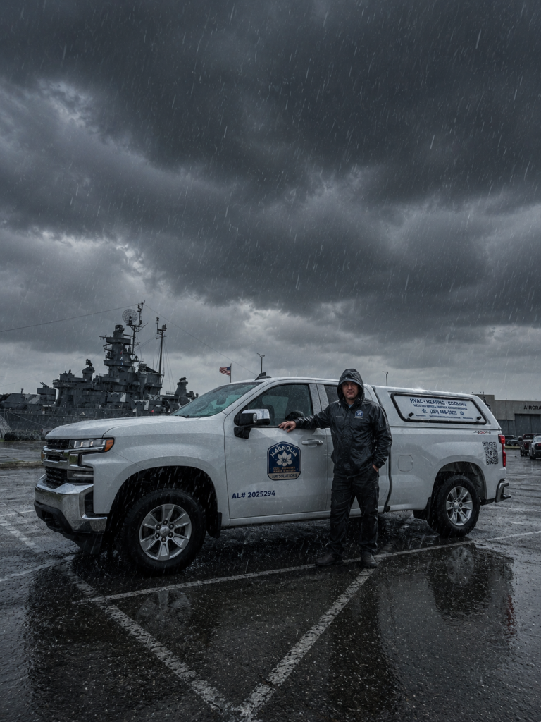Magnolia Air Solutions HVAC technician standing beside a company truck in heavy rain near the USS Alabama Battleship Memorial Park, Mobile, AL