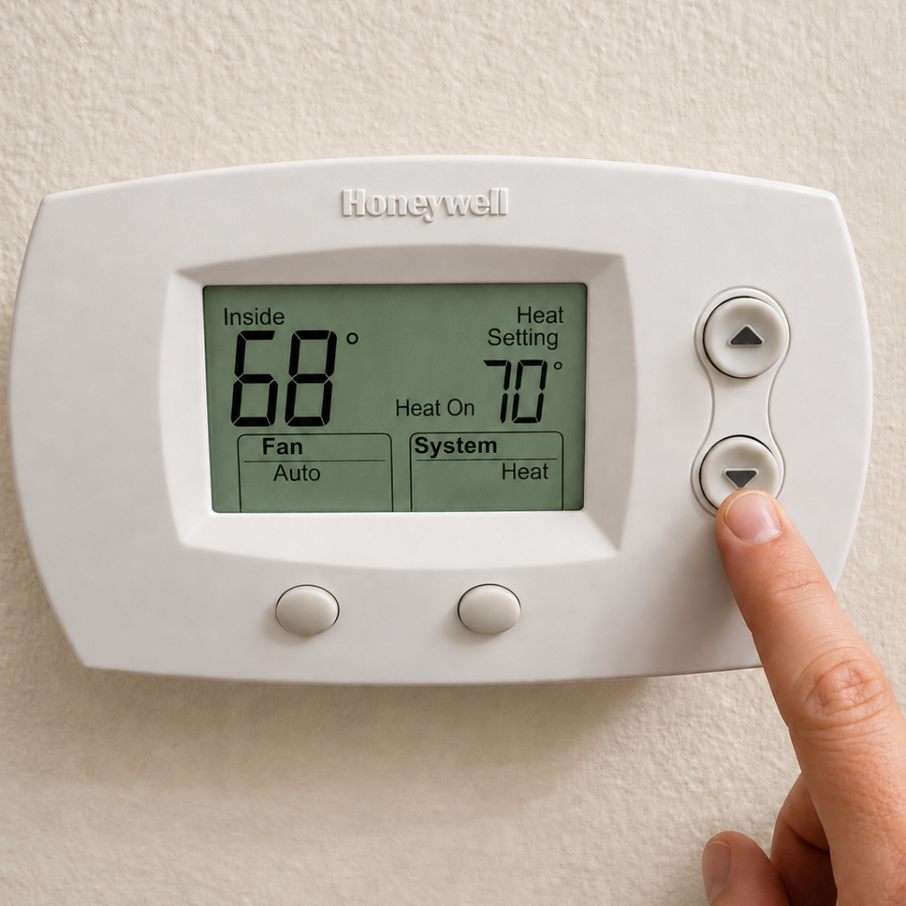 Hand adjusting a Honeywell thermostat set to heat at 70 degrees