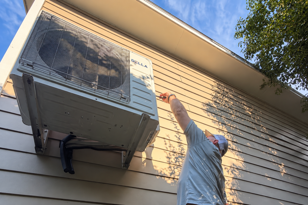 Technician servicing a ductless mini split outdoor unit
